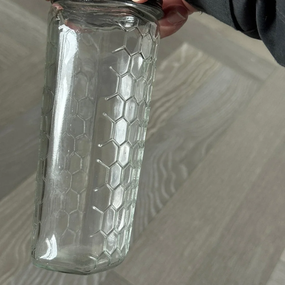 Honeycomb Glass Flower Frog Vase Rustic Metal Wire Lid Clear Bee Pattern 6.5in